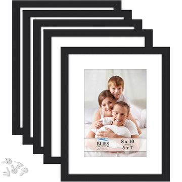 8x10 Picture Frames with Removable Mat for 5x7 Photos - Black, 5 Pack - Modern Style Engineered Wood Frames - Table