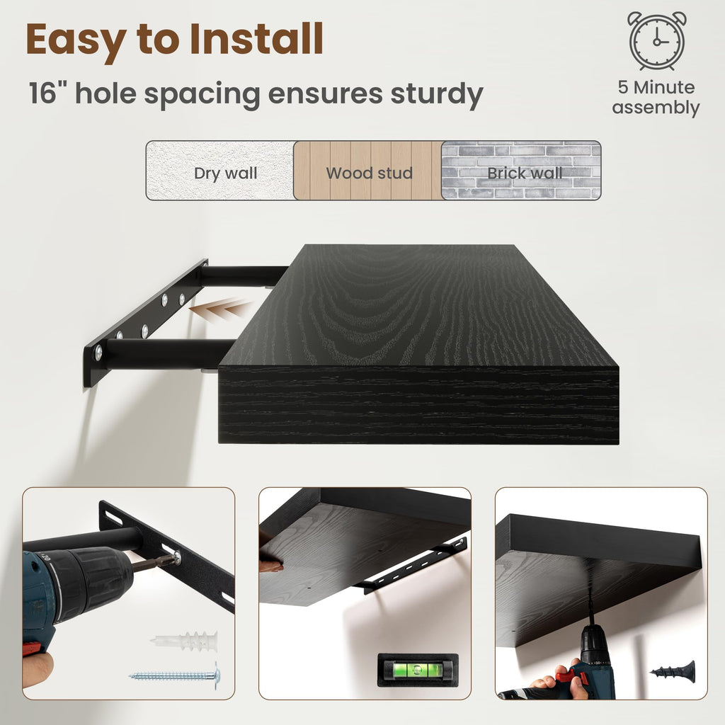 55 Inch Floating Shelves for Wall, 8 Inch Deep, Invisible Brackets, Black