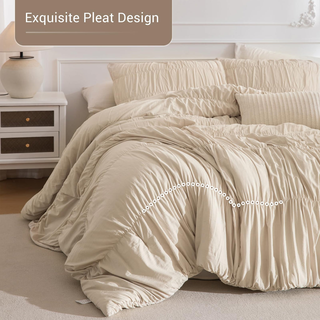 Oversized King Bed Comforter Set- Wheat Ruched Boho 120 x 120 Comforter Set, 3 Piece Fluffy Bedroom Set with Pillow