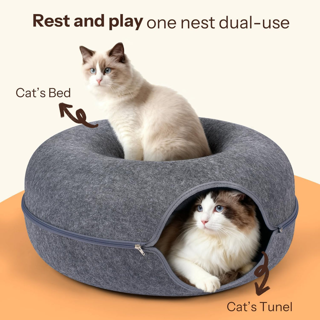 Cat Cave Bed - Peekaboo Cat Donut Tunnel, Scratch-Resistant Felt Cat Nest for Indoor Cats, Detachable Round Cat