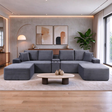 142" U-Shaped Sectional Sofa, Cloud Boneless Couch, Grey
