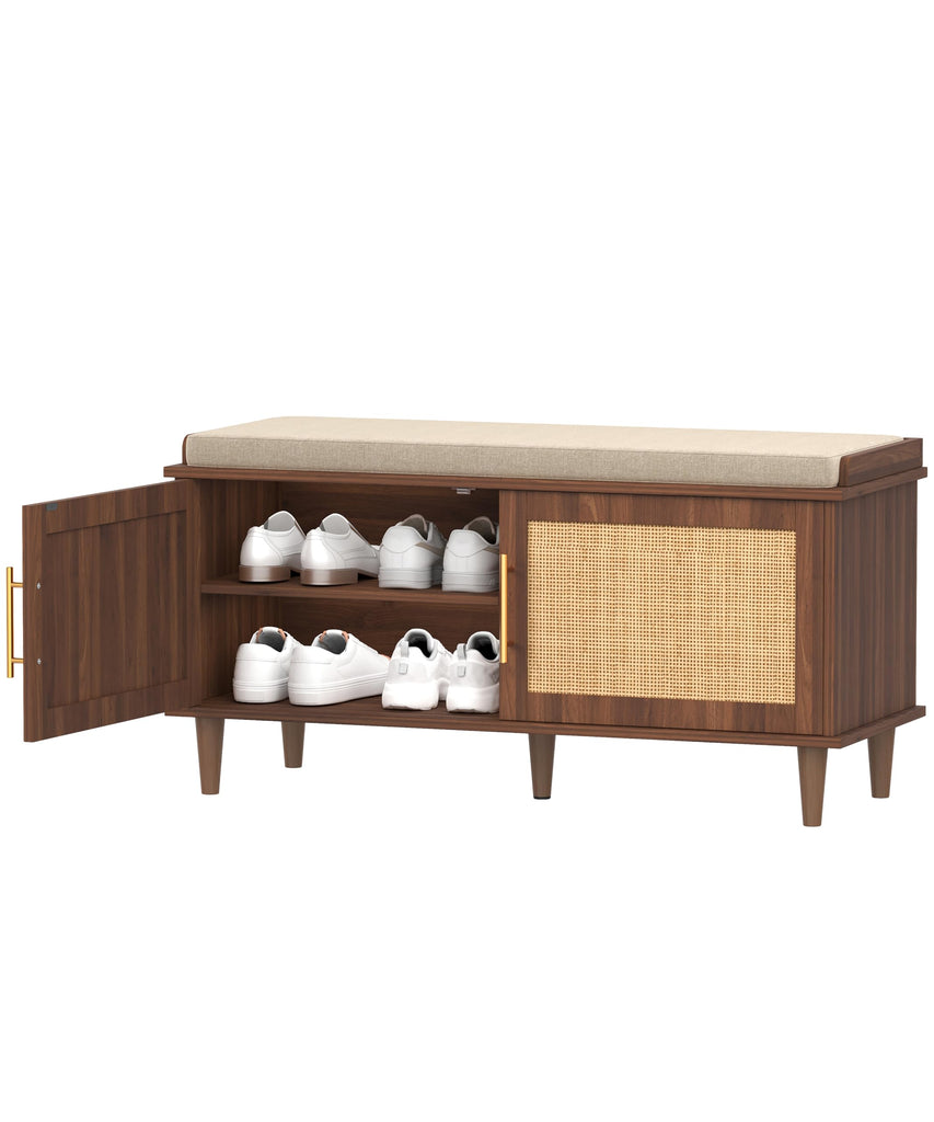 39.4" Rattan Shoe Storage Bench 2 Doors Entryway Bench Walnut