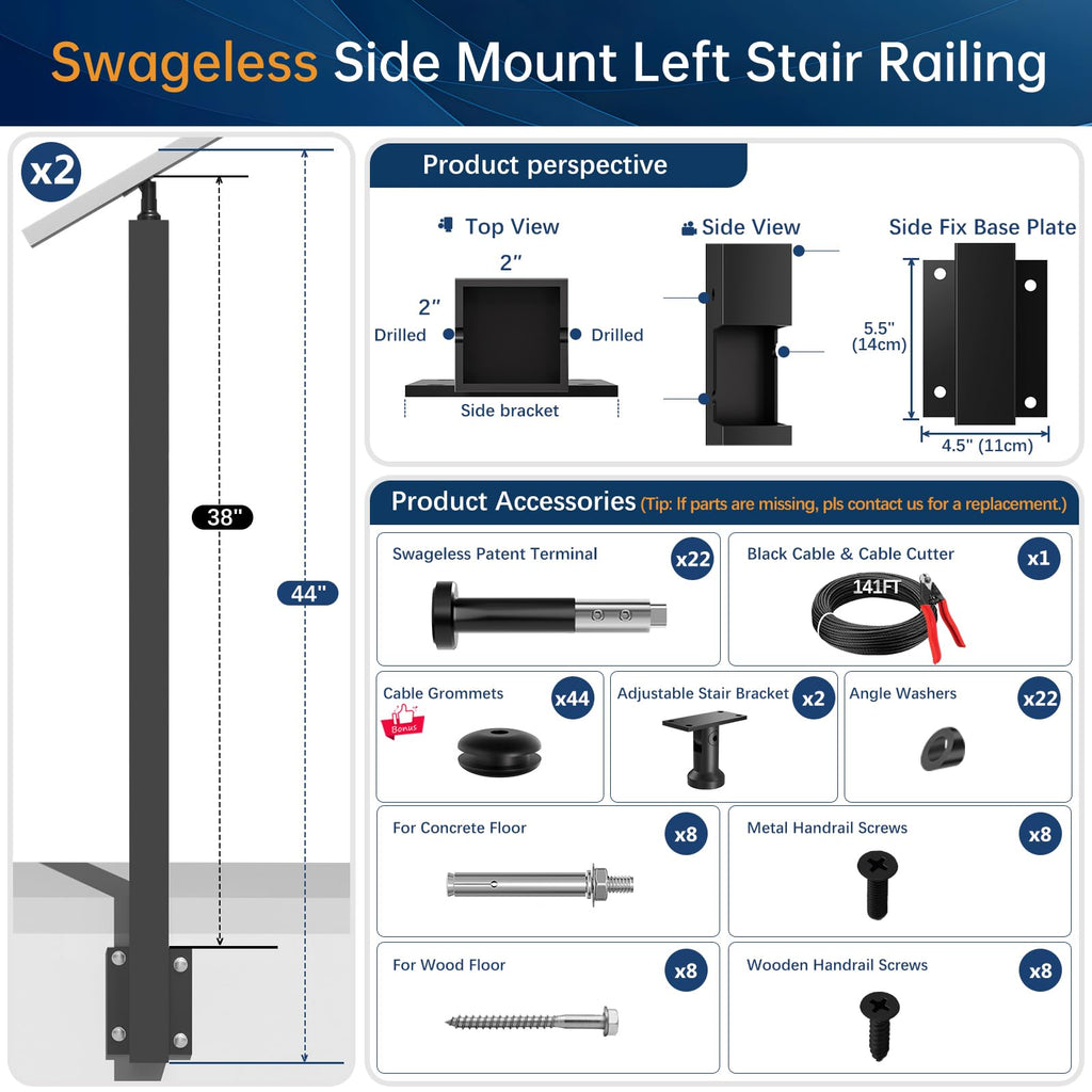 4-12FT Swageless Left Side Mount Stair Post Kit for 36"/42" Railing