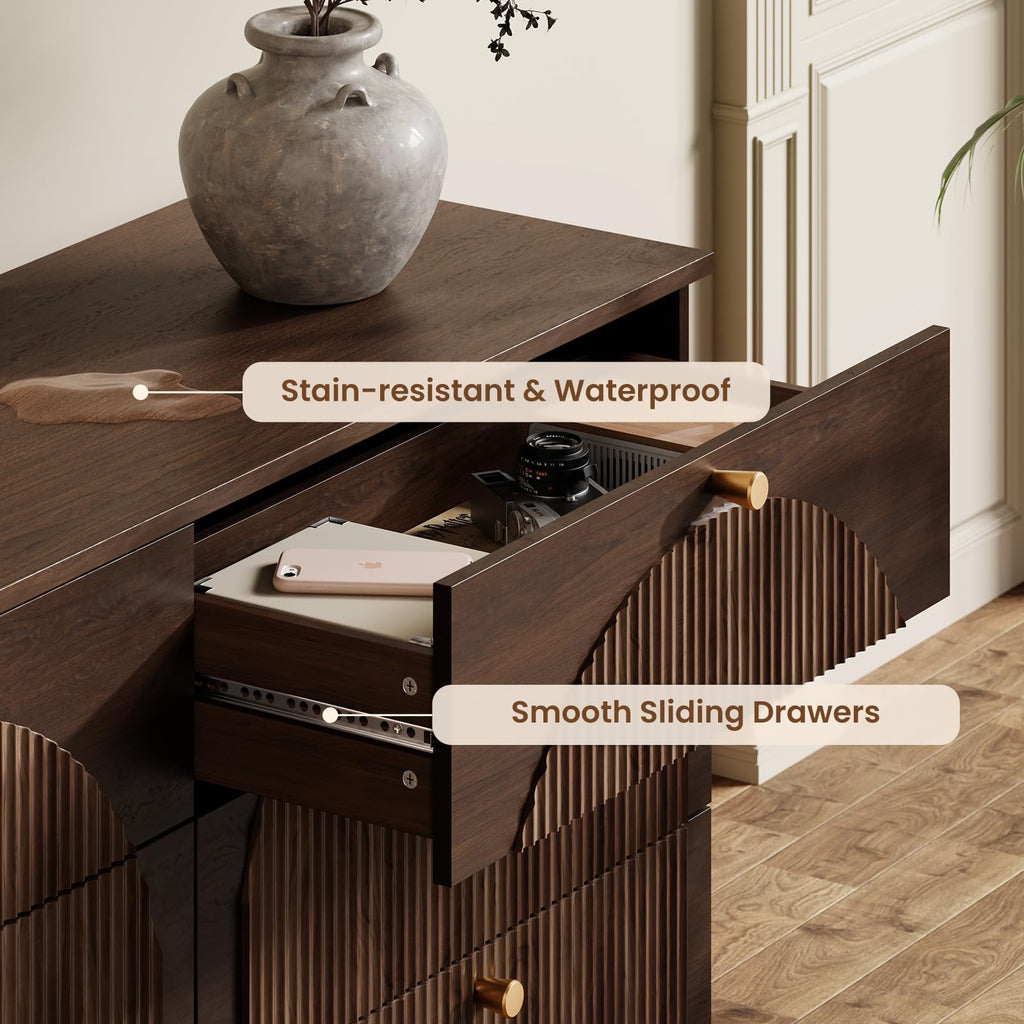 Arched Fluted Dresser with 6 Drawers 55" Wide Walnut