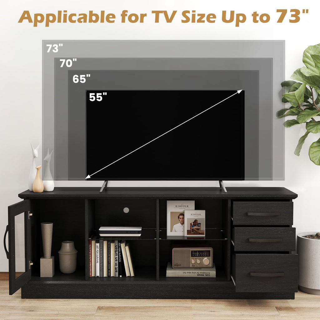 Farmhouse TV Stand for 73 Inch TV, Wood TV Console Table w/Removable Glass Shelves, Cable Management Holes & Drawers