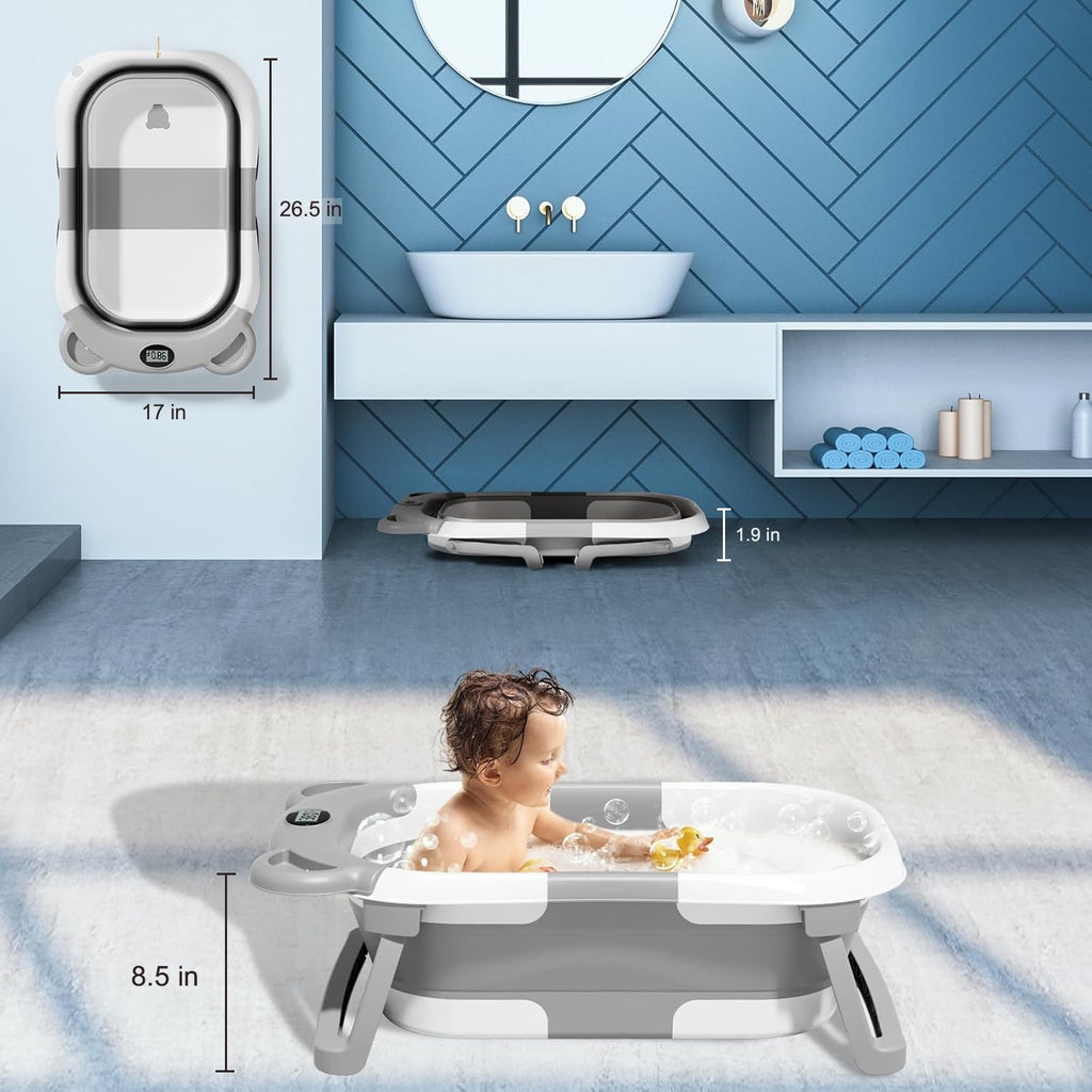 Collapsible Baby Bathtub, Baby Bath Tub with Soft Cushion & Real-Time Thermometer, Baby Bathtub Infant to Toddler Tub