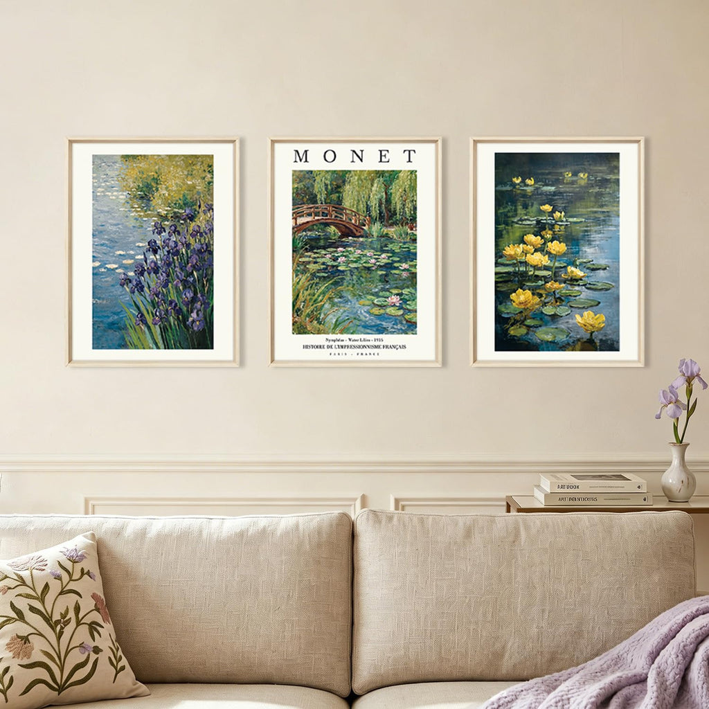 Monet Water Lilies Impressionist Framed Canvas Wall Art Set, Sage Green Monet Pond Watercolor Floral Botanical Wall