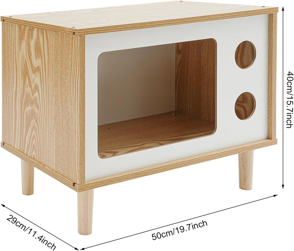 TV-Shaped Cat Bed Indoor, Large Luxury Cat Shelter Wooden Condo for Indoor Cats (Wooden, White, Small)