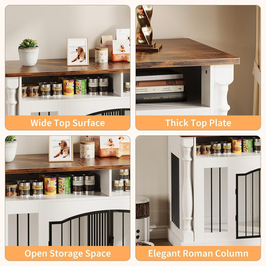 63" Large Dog Crate Furniture for Small & Medium Dogs, Roman Column Kennel Furniture with Semi-Open Storage, TV Stand
