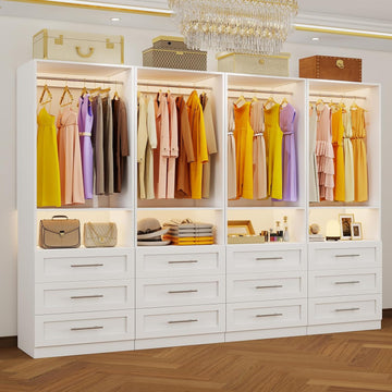 Closet System Set of 4, 8FT-21FT Walk in Closet System with 12 Drawers & 8 Adjustable Hanging Rods, Custom Closet
