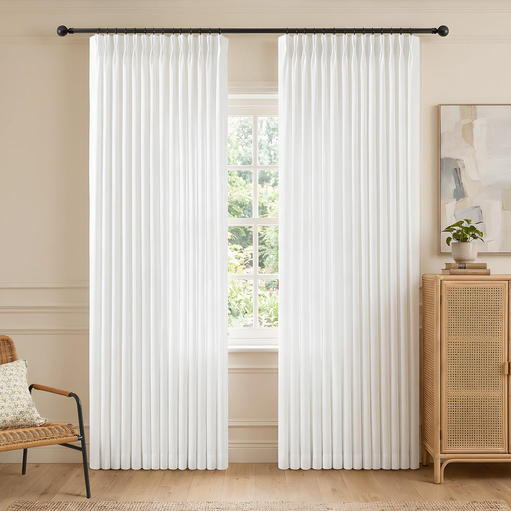 90 Inch Pinch Pleated Sheer Linen Blend White Curtains