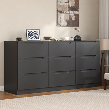 9 Drawer Dresser, 62" Wide Chest of 9 Drawer Dresser, Modern Storage Cabinets with Large Wood Drawers Black