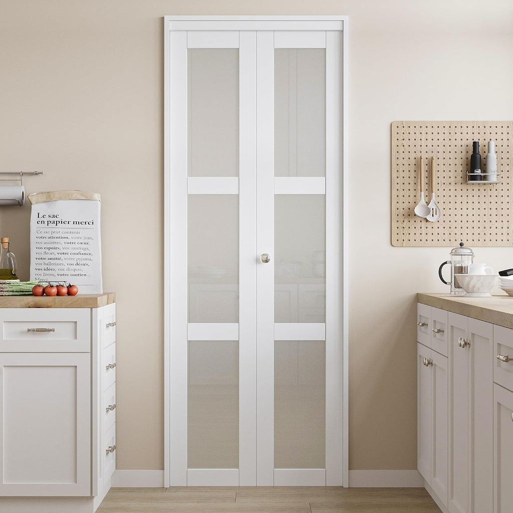 Bifold Doors for 32" x 80" Opening, 3-Lite Frosted Glass Bifold Closet Door with Hardware Kit, Folding Interior Door
