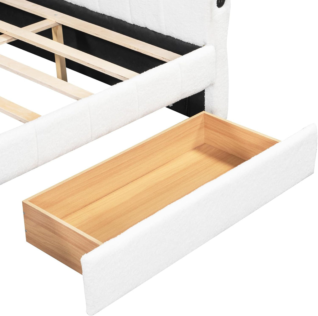 Queen Daybed Frame with 2 Drawers, Lambswool Upholstered Day Bed with USB Ports, Wood Slat Support, No Box Spring