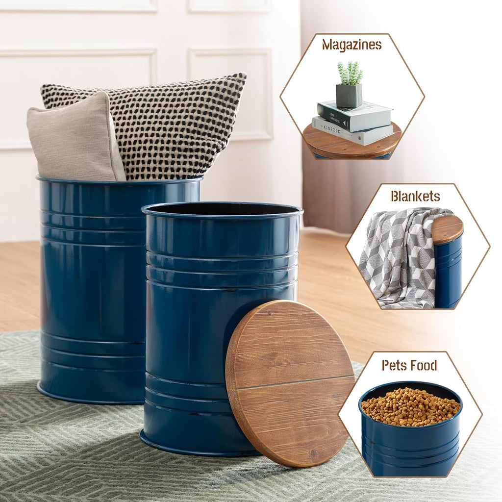 Nesting Tables, Round Coffee, Set of 2 Metal Farmhouse Small Accent End with Storage and Lid Office Plant Stander