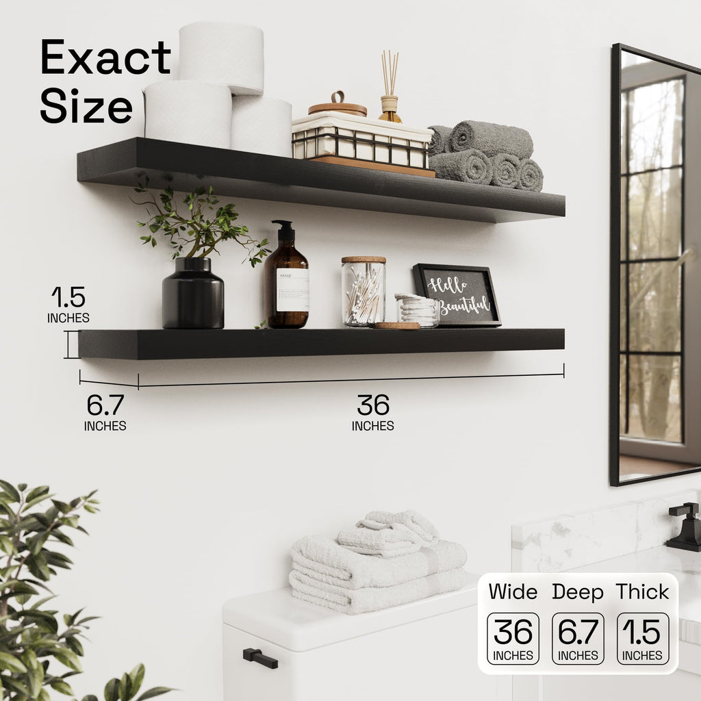 Solid Wood Floating Shelves for Wall 36 Inches Long, Black Wooden Shelf