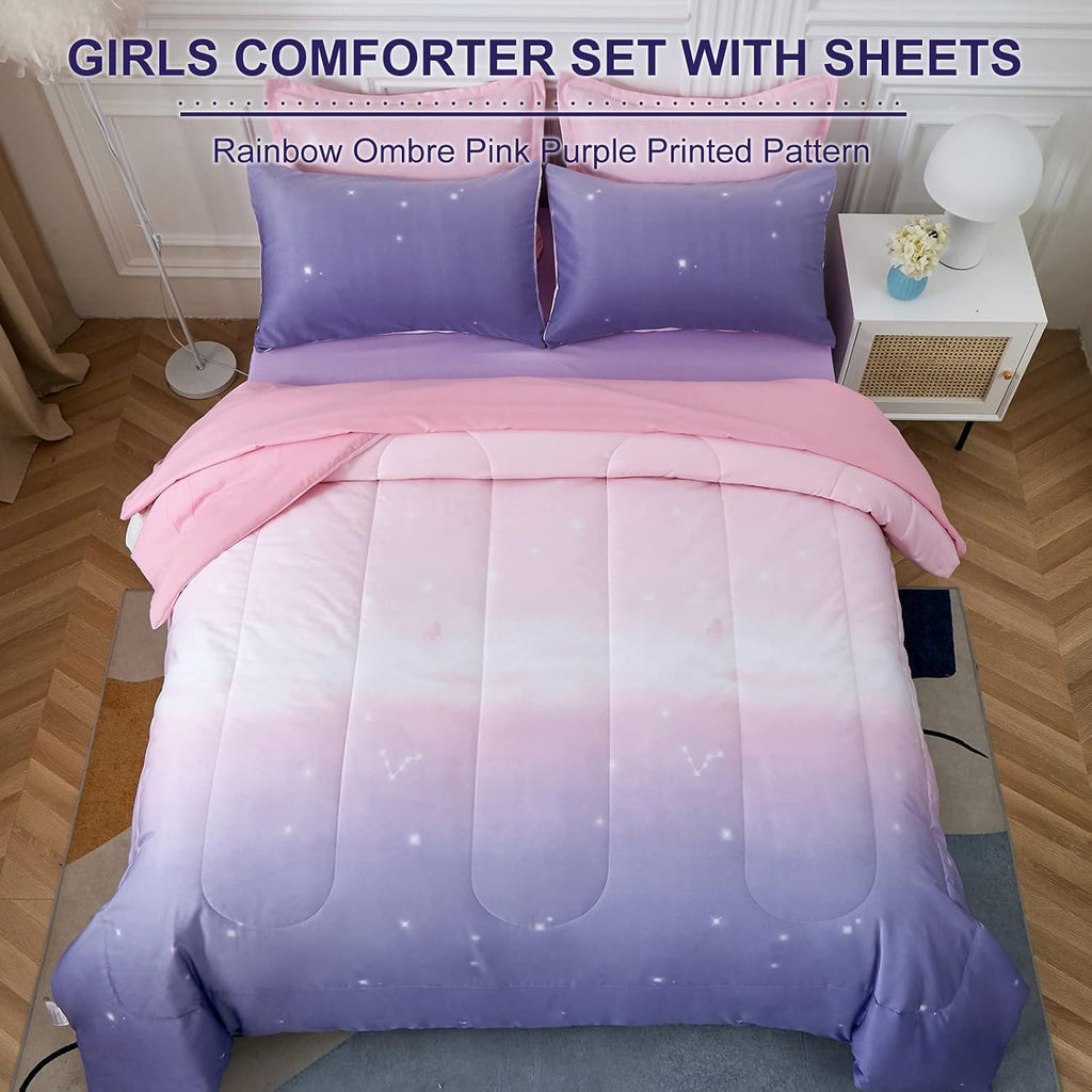 Girls Comforter Set Twin XL/Full Colorful Ombre Pink Rainbow Bedding Set Bed in A Bag for Kid Teen Girls 7 PC (1