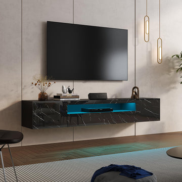 Floating TV Stand for 55 65 70 75 78 85 inch TV, Entertainment Center with LED Light and Storage Cabinet High Gloss