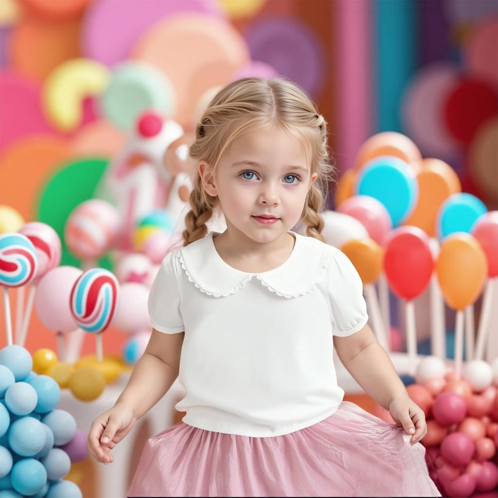 Kids Baby Girl Long Sleeve Collar Shirt Toddler White Blouse Puff Short Sleeve T-Shirt Solid Color Basic Top Bottom