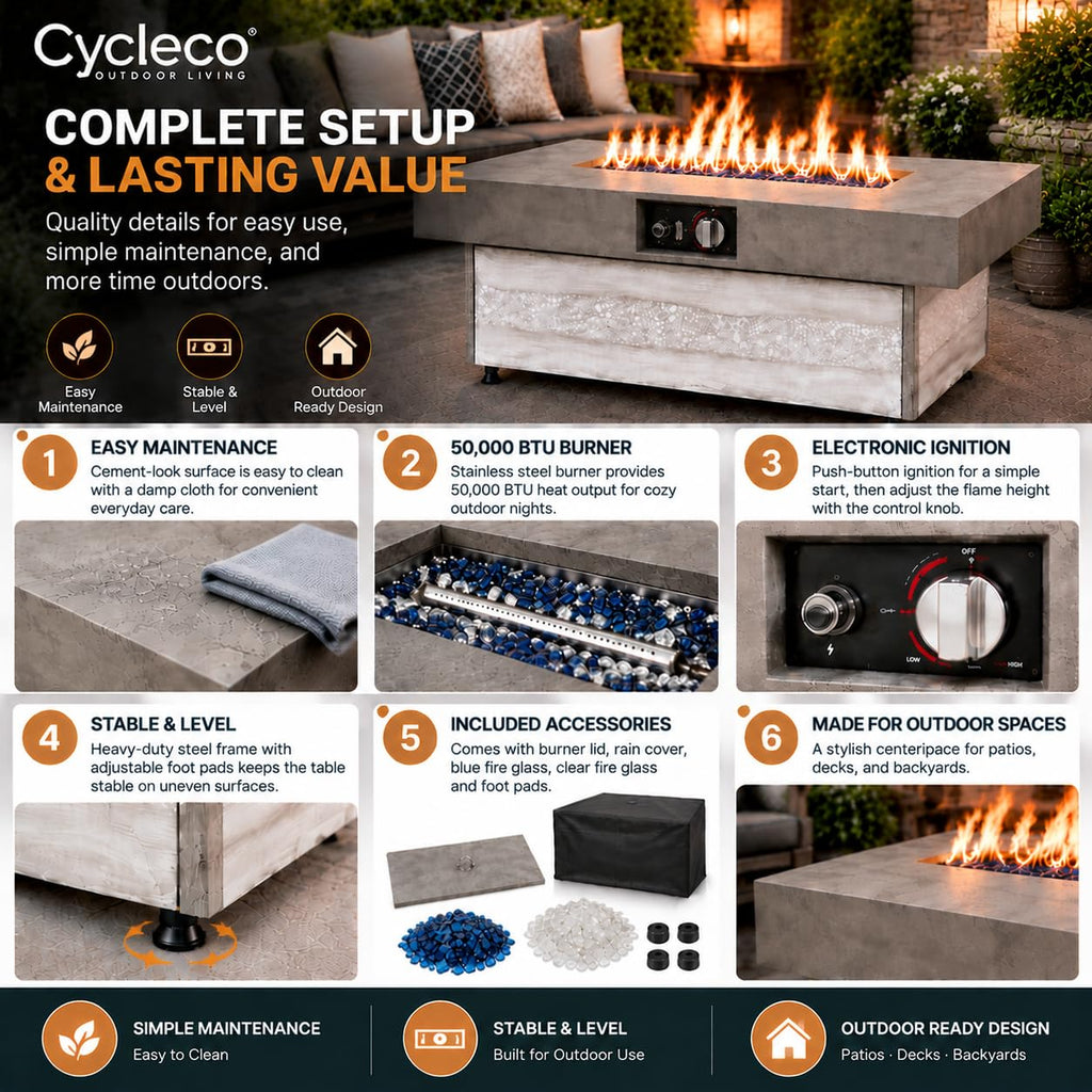 48 Inch Rectangular Outdoor Propane Gas Fire Pit Table, 50, 000 BTU