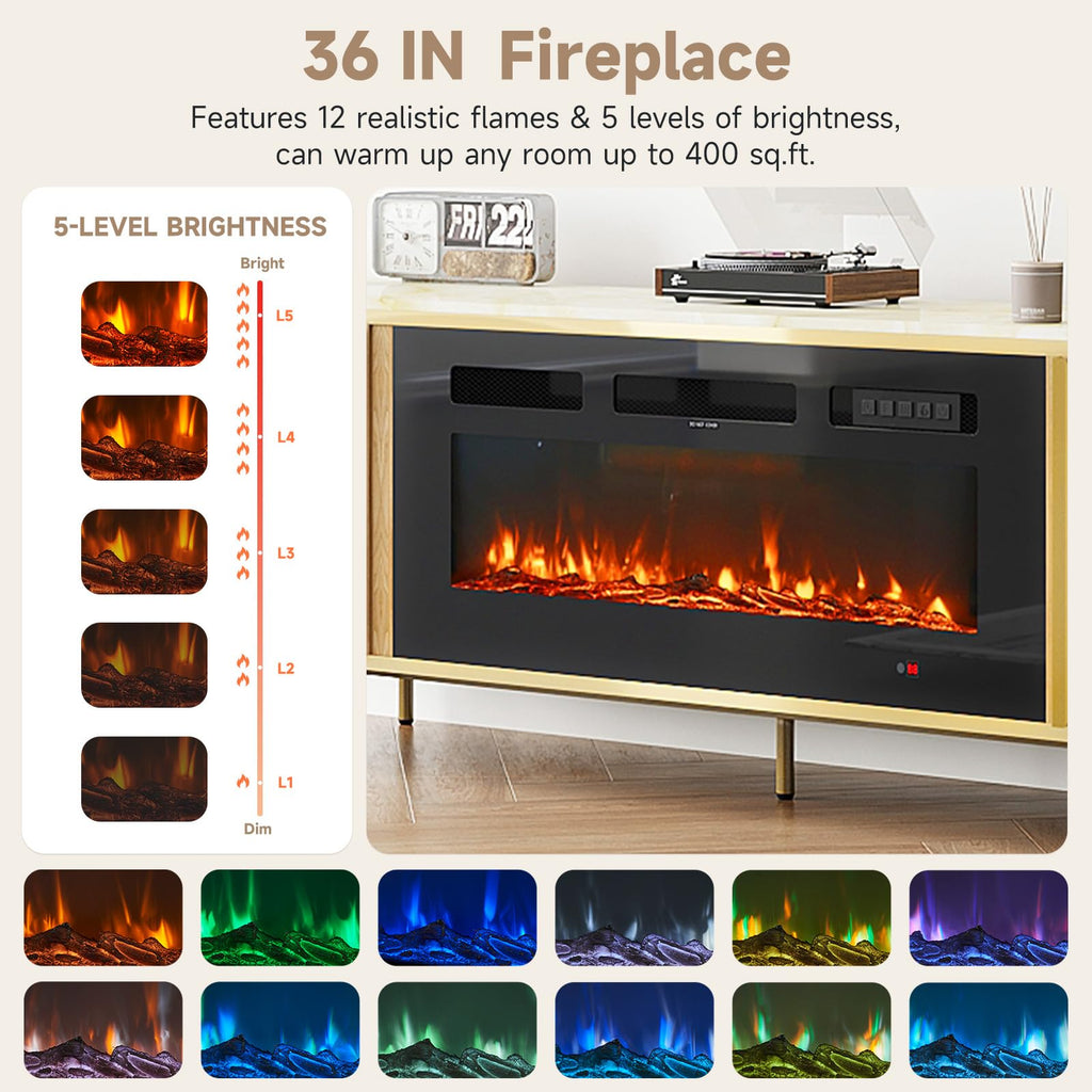 Luxury Fluted TV Stand with Fireplace, 70 inch, Oak