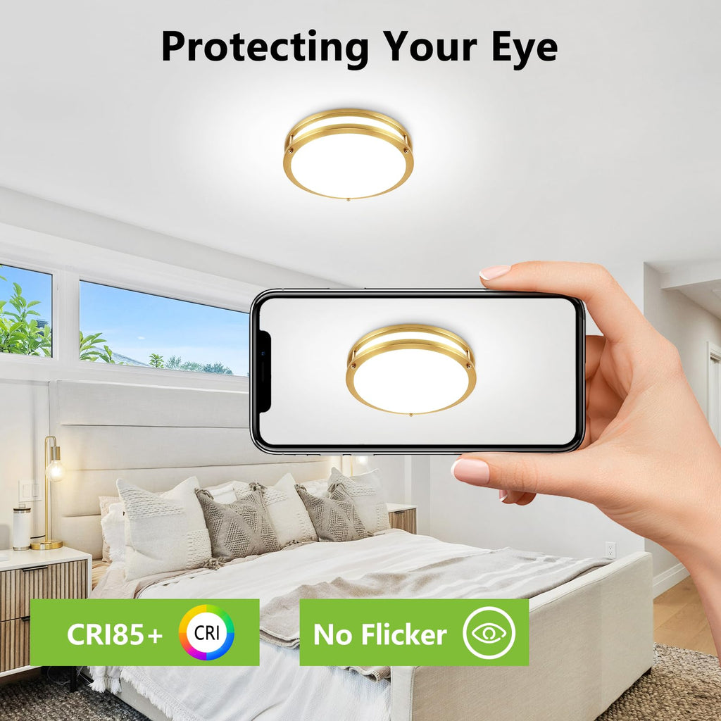 13inch LED Flush Mount Ceiling Light Fixture Dimmable Gold, Easy Install LED Ceiling Lamp Fixture Without Flicker