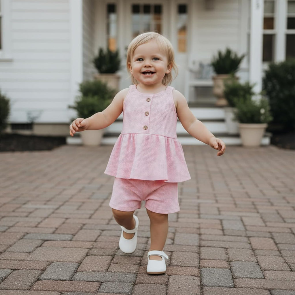 Toddler Baby Girl Summer Outfits Solid Color Waffle Sleeveless Ruffle Tank Tops Shorts Set Cute Infant Clothes
