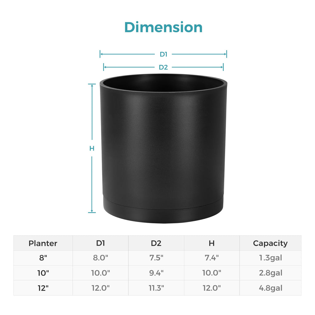 10-Inch Modern Cylinder Planter, Thick-Walled Plastic Plant Pot with Drainage Holes and Detachable Saucer, Matte