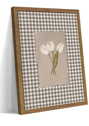 Vintage Botanical Wall Art, Farmhouse Wall Decor, White Tulips Gingham Picture, Wood Framed Botanical Prints, Rustic