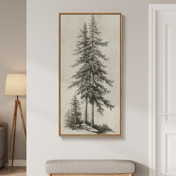 Framed Vertical Vintage Tree Sketch Wall Art, 20x40 Inch