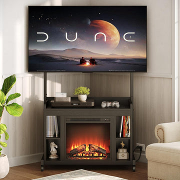 Corner Fireplace TV Stand for TVs 45–75 Inches, Entertainment Center with Power Outlet and 18 Inch Electric Fireplace, Height Adjustable, Black