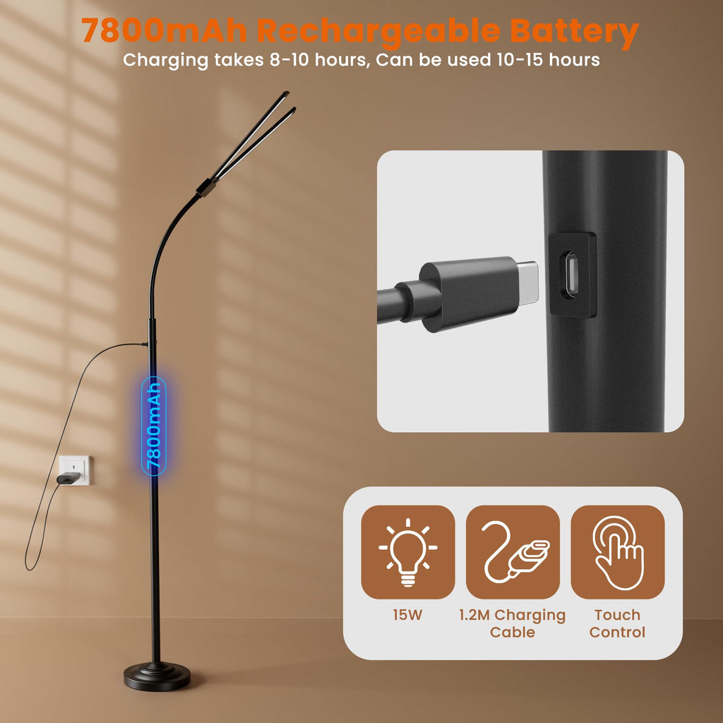 Cordless Floor Lamp Rechargeable LED Lamp with Dual Head, 15W, 7800mAh