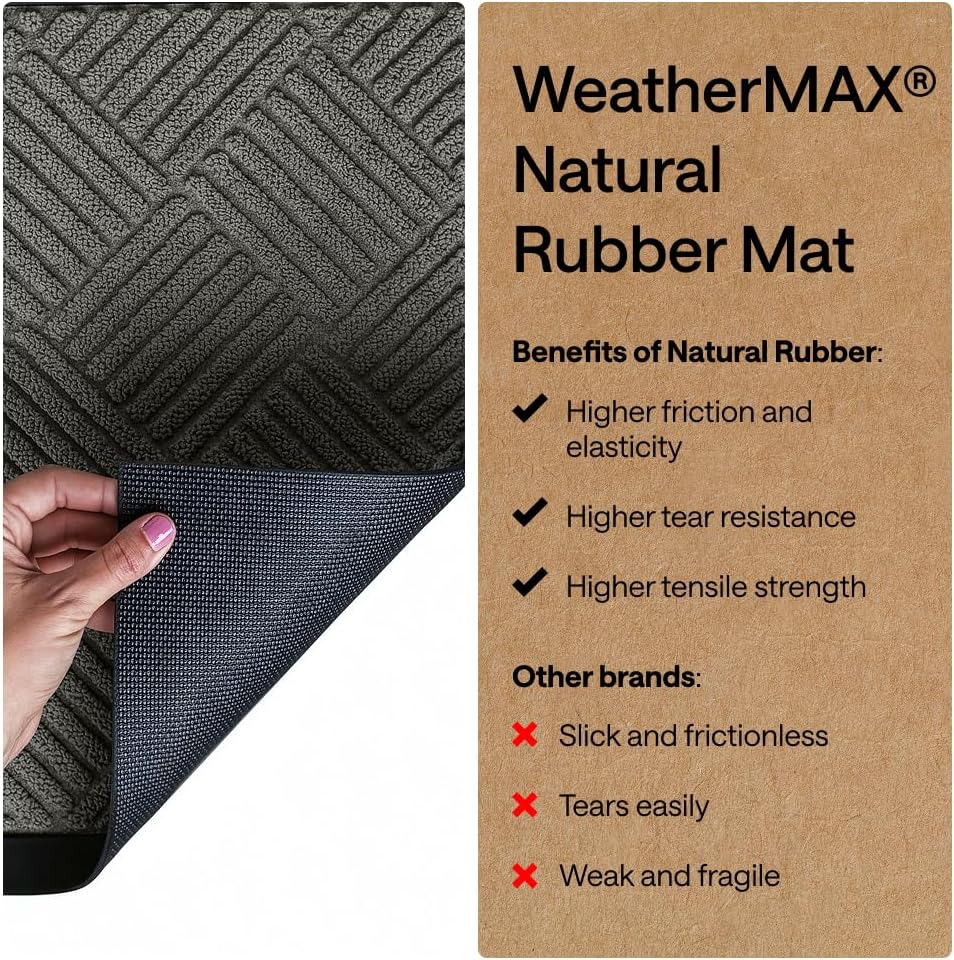 100% Waterproof All-Season WeatherMAX Doormat 35x23, US Designed Natural Rubber, Stain and Fade Resistant, Low