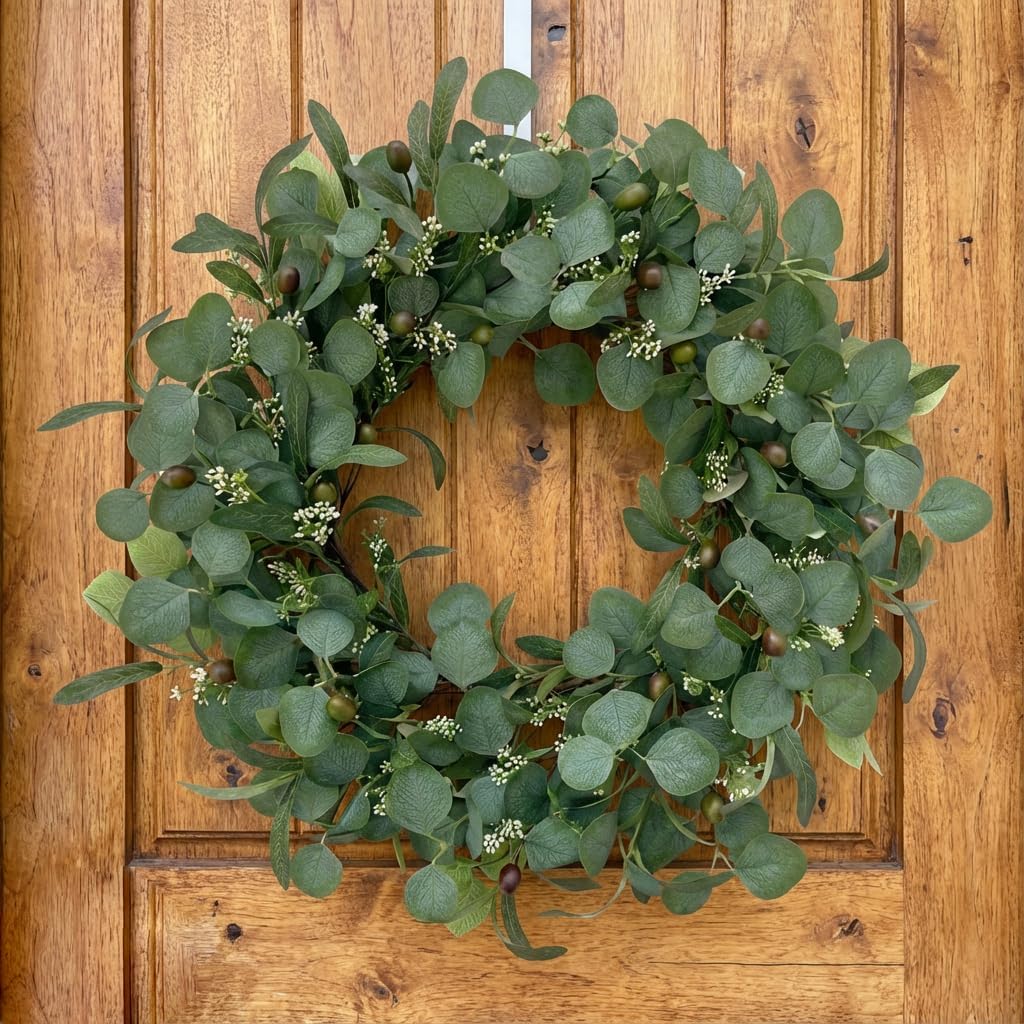 24 Inch Eucalyptus Wreath for Front Door, Large Artificial Greenery Wreaths with Olive Leaves and Berries, Farmhouse