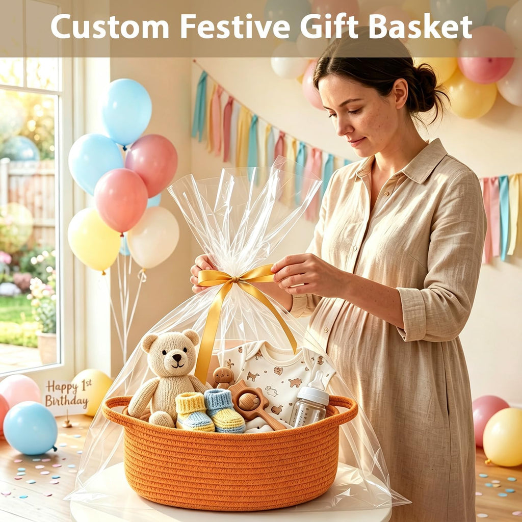Medium Woven Rope Basket, Gift Empty Basket with Bag & Ribbon