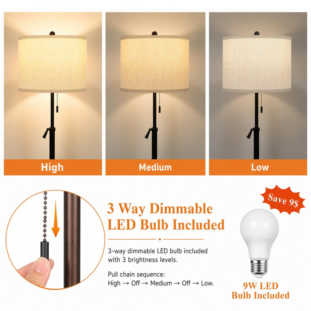 61-69" Adjustable Floor Lamp, Tall Standing Lamp, 3Way Bulb, Pull Chain