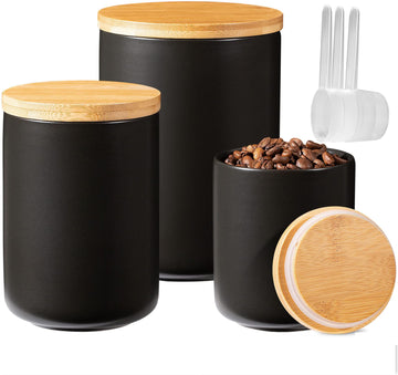 Black Ceramic Canister Set -Set of 3 Kitchen Canisters for Countertop with Airtight Wood Lids, Large Kitchen Storage