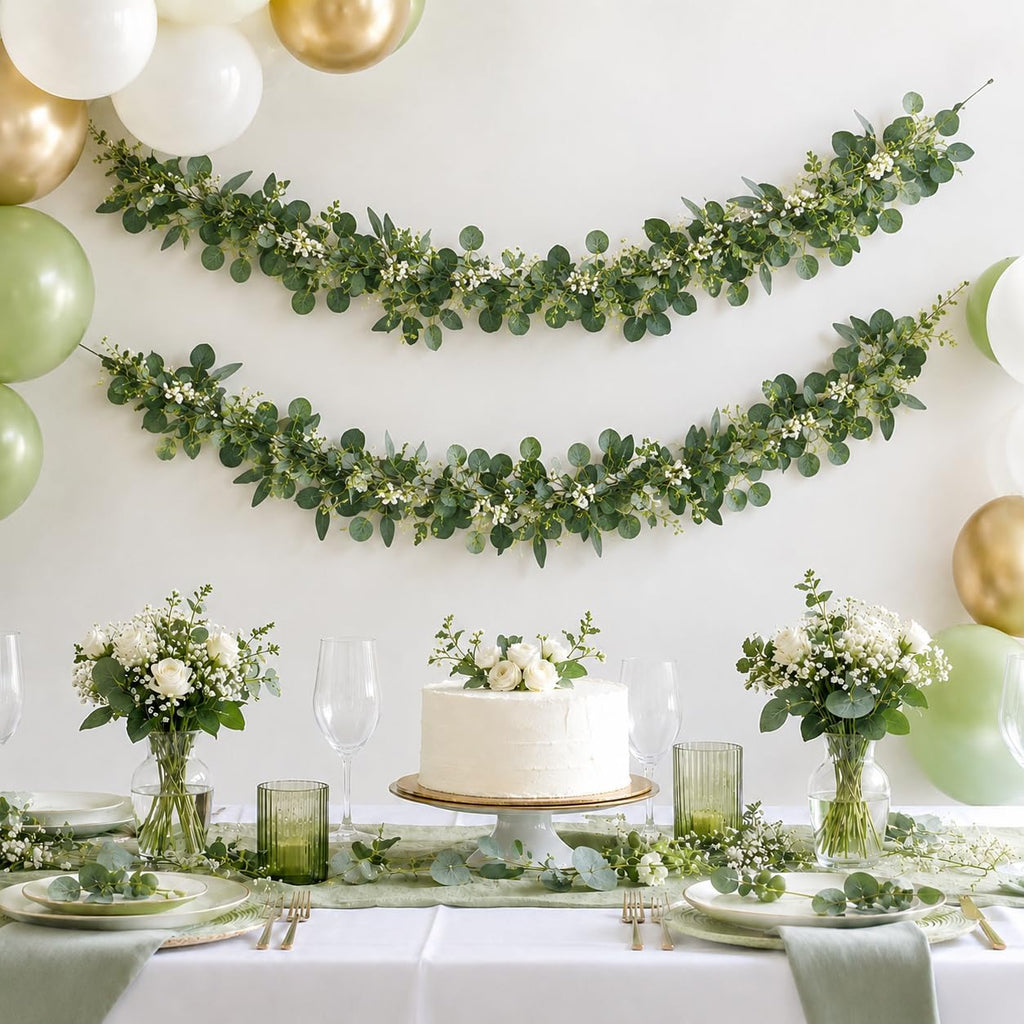 FEET Artificial Eucalyptus Garland Faux Silk Leaf Silver Dollar Eucalyptus Leaves Vines Handmade Garland - Set of 2