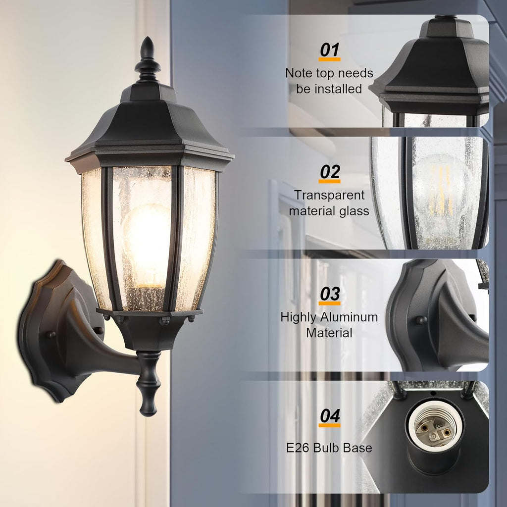 Outdoor Wall Lantern, 14 Inch Porch Light Fixtures with Seed Glass Shades, Waterproof Exterior Wall Lights