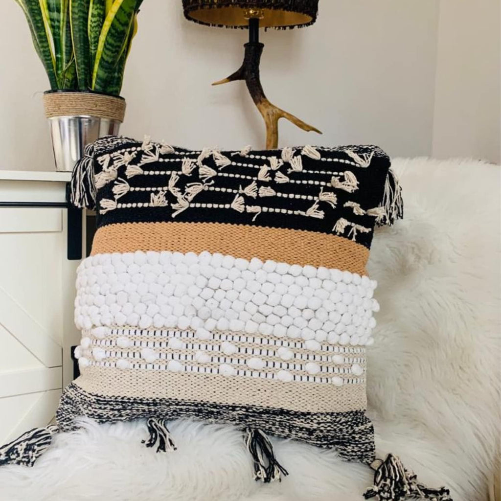 Throw Boho Pillow Cover, 18”x18” Bohemian Moroccan Rustic Decorative Pillows with Tufted Accents, Plush Handwoven