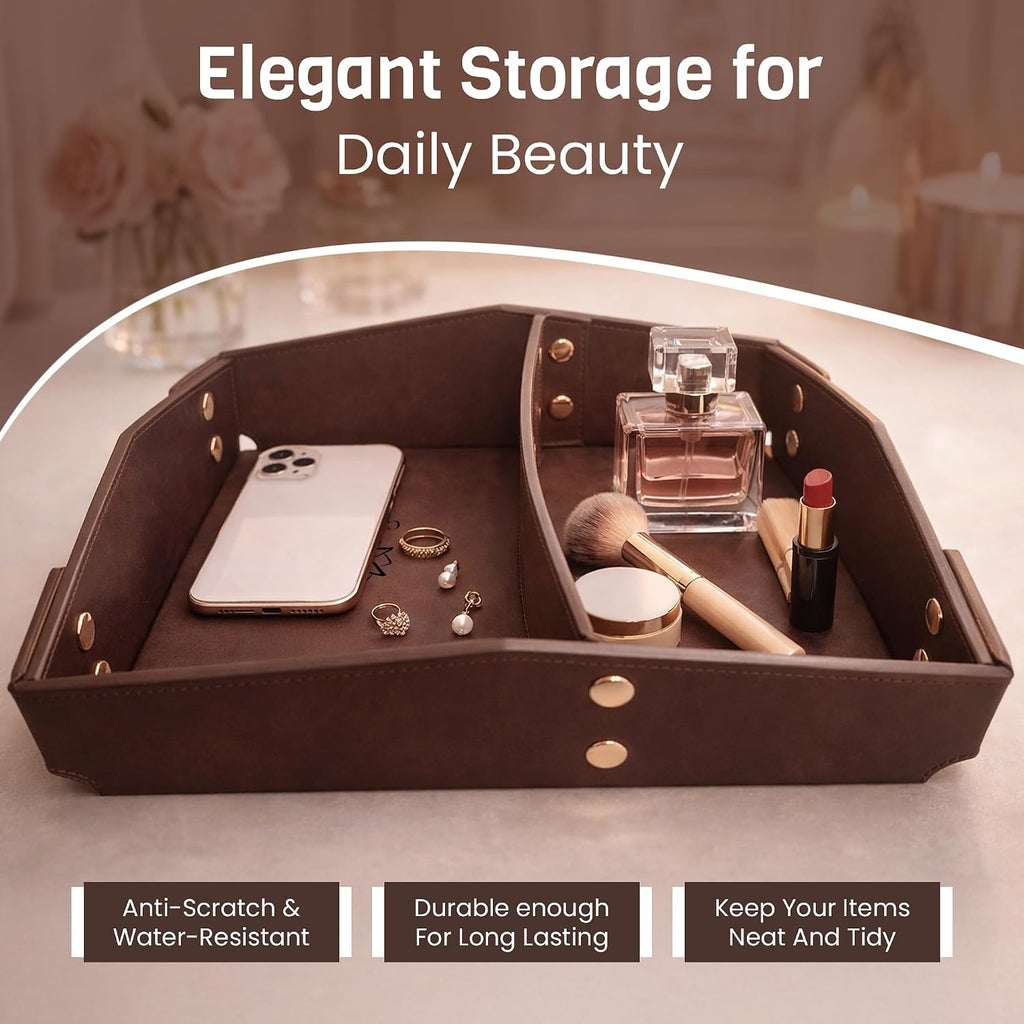 Valet Tray Organizer for Men & Women - PU Leather Catch All Tray with Removable Divider - EDC Storage for Keys - Set of 2