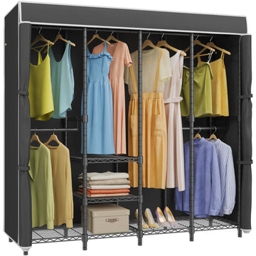 Medium Covered Clothes Rack, Freestanding Clothing Rack with Black Oxford Fabric Cover for Hanging Clothes