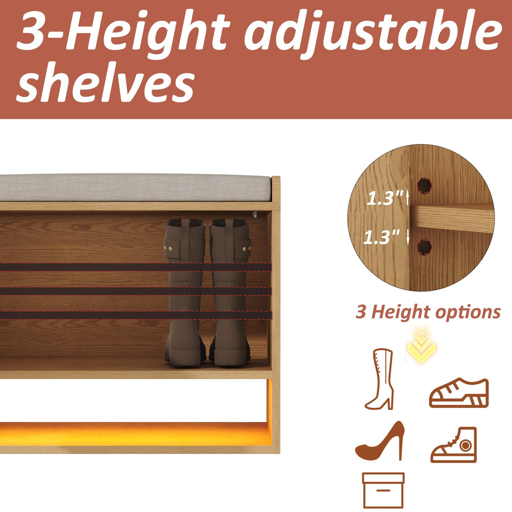 23.6" Fluted Shoe Storage Bench, Small Entryway Bench with Linen Seat Cushion, Shoe Cabinet Bench with Adjustable