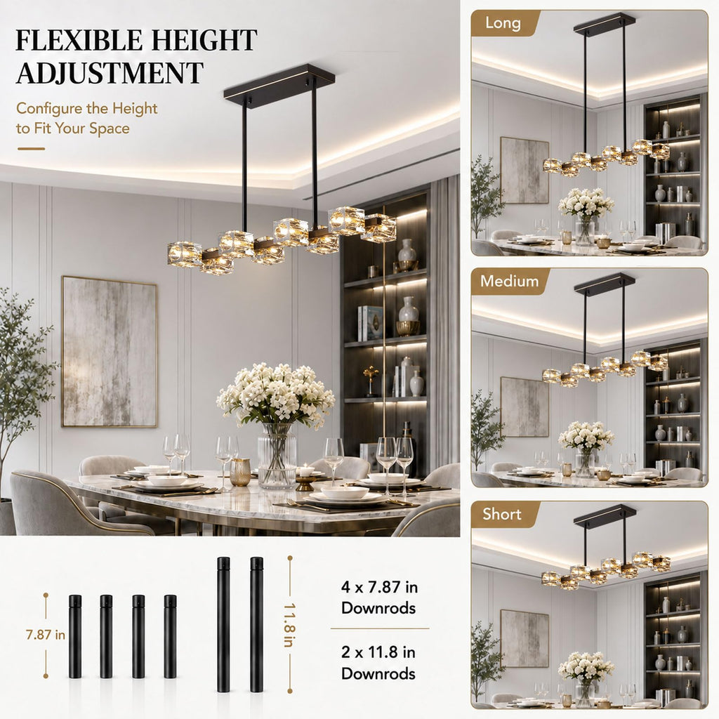 Crystal Chandeliers,8 Light Black and Gold Linear Dining Room Light Fixture Adjustable Height Hanging Ceiling Light