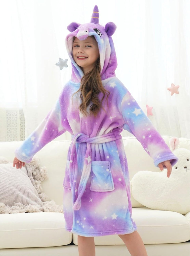 Girls Fleece Hooded Robe Toddler Warm Fuzzy Bathrobe