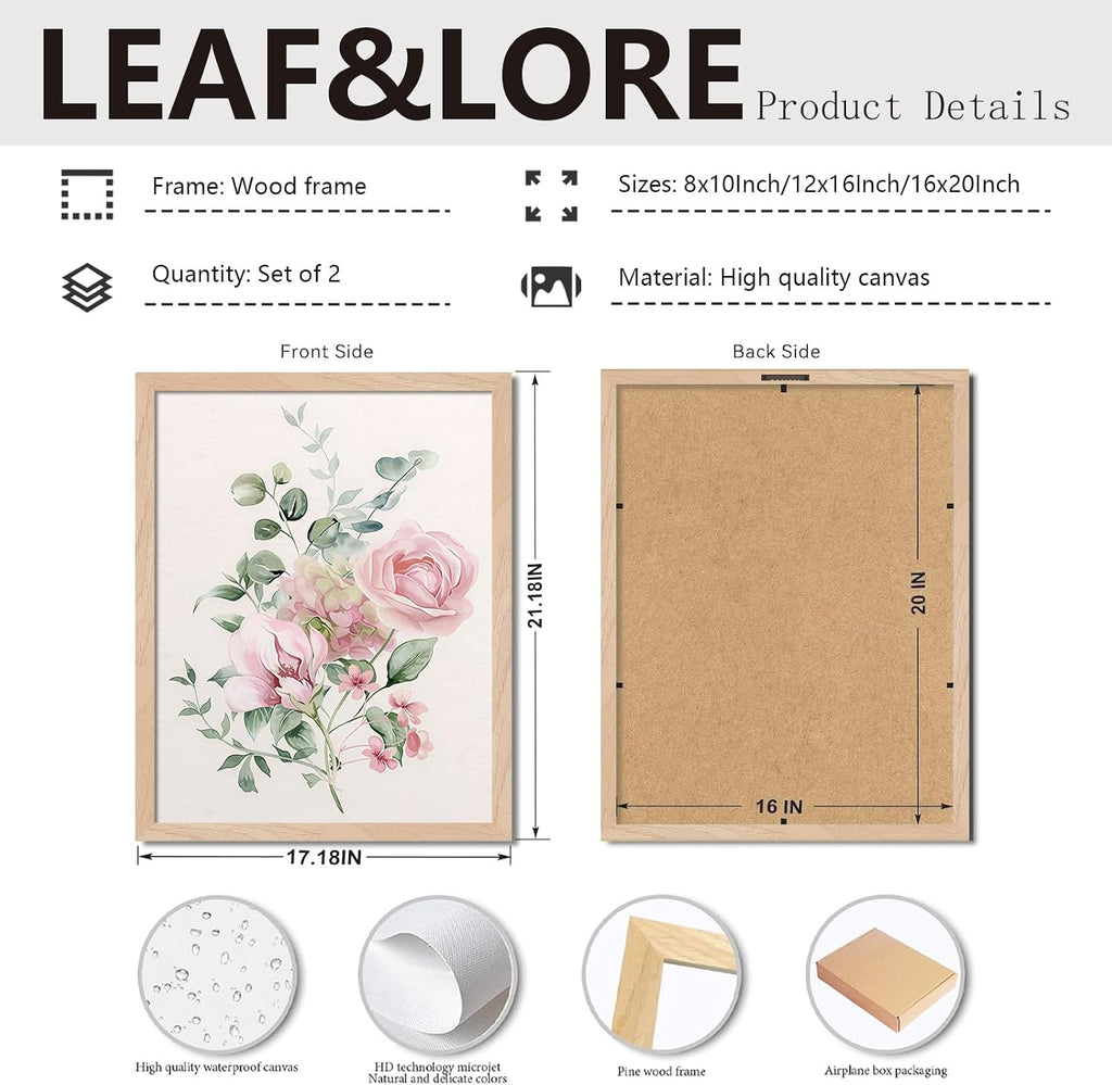 Framed Botanical Wall Art Set of 2, Pink Floral Canvas Prints with Natural Wood Frames, 16x20