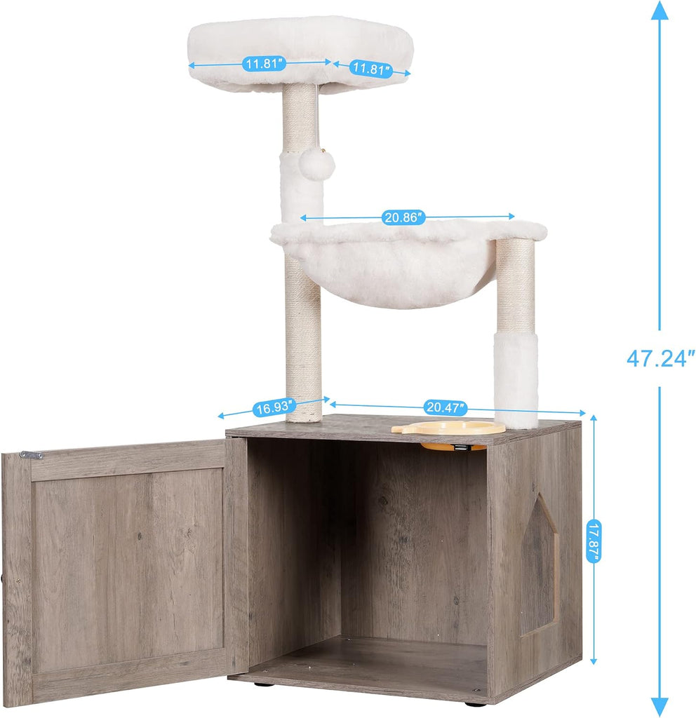 Cat Tree Tower, Litter Box Enclosure, Food Station