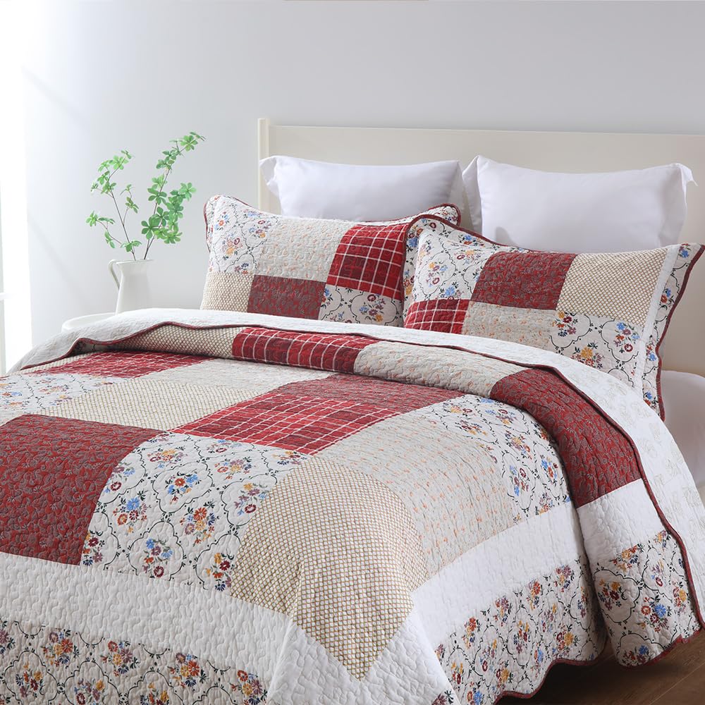 Cotton Bedspread Quilt Sets, 3 Pieces Reversible Coverlet Sets Lightweight Comforters, Farmhouse Rustic Vintage