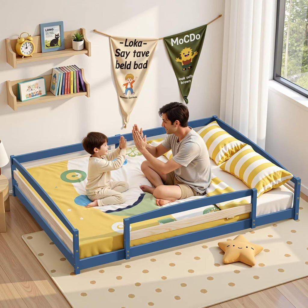 Floor Bed Frame with 2 Openings, Wooden Low Montessori Bed with Safe Guardrails for Boys Girls, Mist Blue