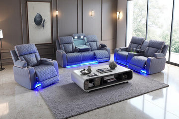 Sanded Leather Power Recliner Sofa Set with LED, 3 Pieces Living Room Furniture Sets, Blue Gray Reclining Sofa